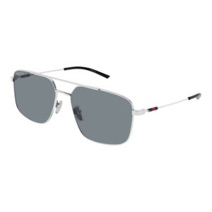 Gucci aviator sunglasses with a silver metal frame and dark gray lenses, shown at an angle to reveal the temples.