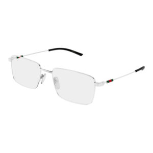 Rimless rectangular metal-frame sunglasses with clear lenses and slender arms, featuring green-red-green accents near the hinges.