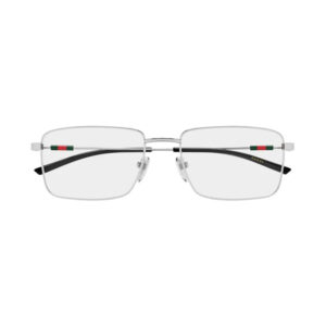 Rimless rectangular metal eyeglasses with a silver frame, black temple tips, Gucci logo on the temple, and clear adjustable nose pads.