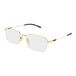 Gold-tone rectangular sunglasses with slim metal frame and clear lenses, nose pads visible.