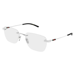 Gucci rimless sunglasses with a thin silver metal frame, clear lenses, and green‑red‑green temple detailing on the arms.