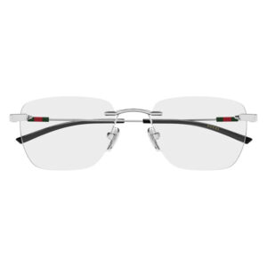 Gucci rimless square eyeglasses with metal bridge and clear lenses, temple accents in Gucci colors.