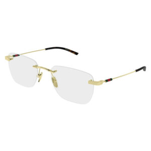 Gold metal rimless sunglasses with clear gray lenses and Gucci-branded temples on the arms.