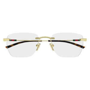 Gucci rimless square sunglasses with a gold frame, gray lenses, and tortoiseshell temples.