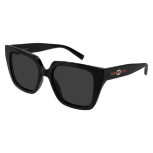 Black square-frame sunglasses with dark lenses and Gucci logo on the temple.