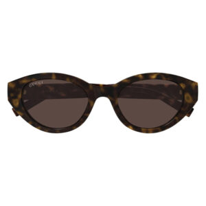 Gucci tortoiseshell oval sunglasses with dark brown lenses.