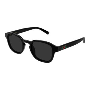 Black Gucci sunglasses with dark lenses and subtle logo on the temple at the arm's end.