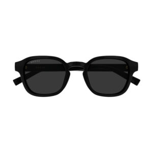 Black Gucci sunglasses with rounded square frames and dark lenses, branded temples visible on arms