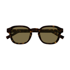 Front view of tortoiseshell Gucci sunglasses with brown lenses and the Gucci logo on the temples.