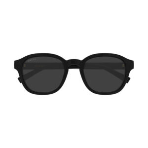 Black Gucci sunglasses with rounded-square frames, front view and dark lenses.