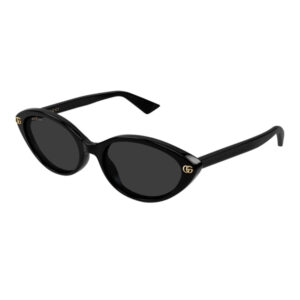 Black oval sunglasses with dark lenses and Gucci logos on the temples.
