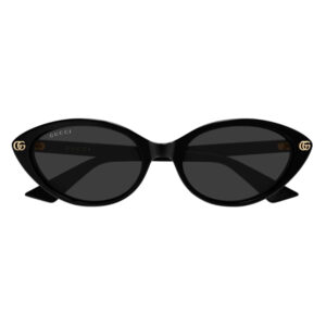 Black cat-eye Gucci sunglasses with gold GG logo on each temple.