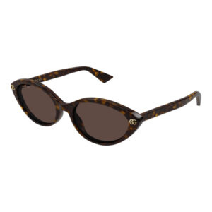 Gucci tortoiseshell sunglasses with dark brown lenses and gold logo accents on the temples.