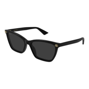 Black Gucci sunglasses with rectangular dark lenses and a glossy black frame featuring gold Gucci logo on the temples