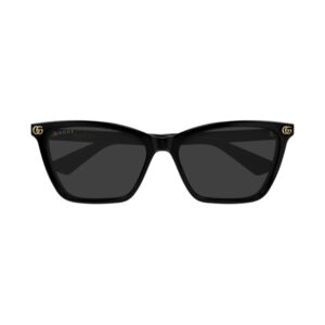 Black Gucci sunglasses with rectangular lenses and gold GG logos on the temples.