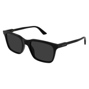 Gucci black rectangular sunglasses with dark lenses and glossy frame, branding on temples.