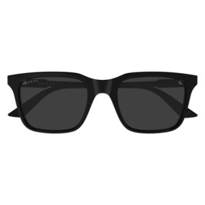 Black Gucci rectangular sunglasses with dark lenses and subtle logo on the front edge of the frame.