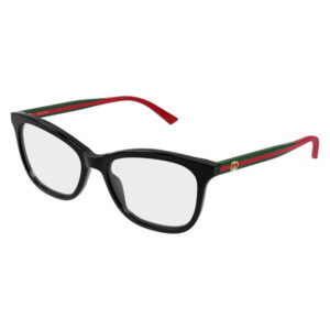 Gucci black rectangular eyeglasses with red-green striped temples and gold logo on the side