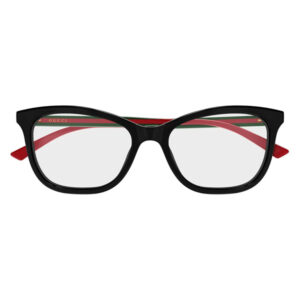 Black rectangular glasses with a bold frame, red temples, and a Gucci-branded strip along the top edge with green and red accents.