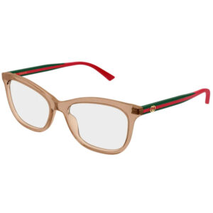 Gucci eyeglasses with a tan translucent frame and green‑red striped temples featuring a small gold logo.