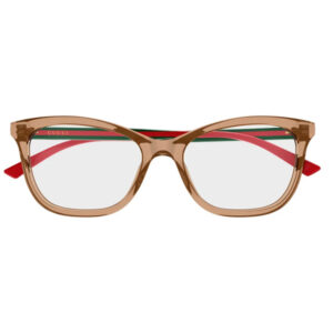Brown translucent rectangular Gucci eyeglasses with clear lenses, featuring red temple tips and a green-red-green stripe along the top of the frame.