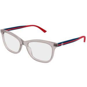 Clear plastic eyeglasses with two-tone red and blue temple arms and Gucci logo on the side.
