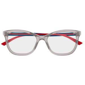 Gucci transparent gray eyeglasses with red temples and a blue stripe detail on the arms.