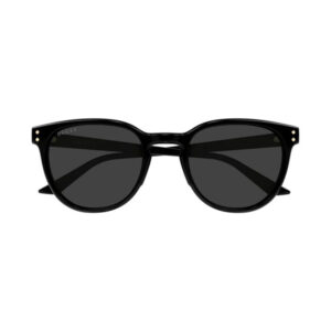 Gucci black sunglasses with dark lenses and small gold studs at the temple tips.