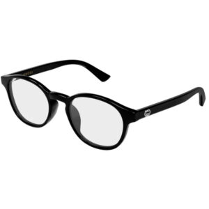 Black Gucci sunglasses with round lenses and glossy frame, brand name on temple rail—classic eyewear accessory.