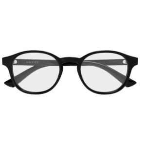 Gucci black round eyeglasses with clear lenses and subtle gold logo on the temples