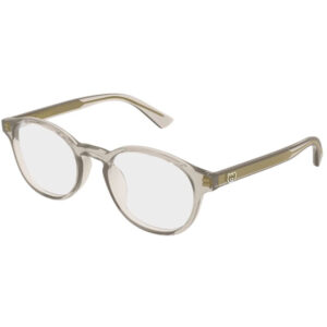 Transparent round-frame eyeglasses with Gucci branding on temples, light beige color, clear lenses.