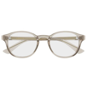 Taupe translucent round eyeglasses with Gucci branding on the temple (full-rim frame).