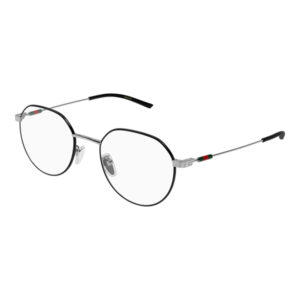 Round metal-frame glasses with black rims, clear lenses, adjustable nose pads, and Gucci-style green-red-green temple accents on thin temples