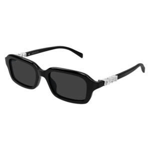 Gucci black rectangular sunglasses with dark lenses and silver logo accents on the temples.
