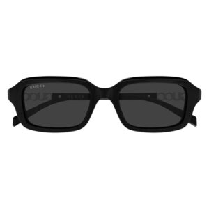 Black rectangular Gucci sunglasses with dark lenses and logo on the temples (front view).