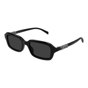 Gucci black rectangular sunglasses with dark lenses and jeweled detailing on the temples.