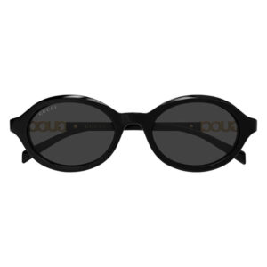 Black oval sunglasses with dark lenses and Gucci branding on the temples.