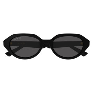 Gucci black oval sunglasses with dark lenses, front view showing subtle logo on left lens