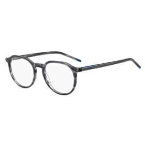 Dark marbled round eyeglasses with clear lenses and blue-tipped temples.