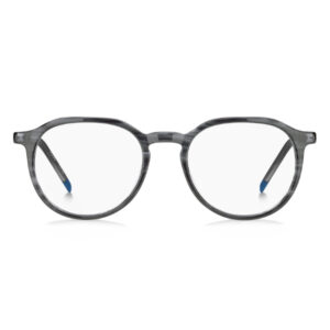 Gray marbled round eyeglasses viewed from the front with blue temple tips (unisex style)