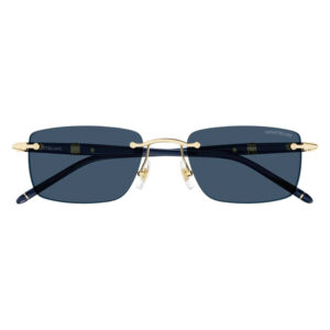 Montblanc rectangular blue sunglasses with a gold metal frame and nose pads.