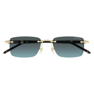 Montblanc rimless sunglasses with a gold frame, dark gradient blue lenses, and black temples.