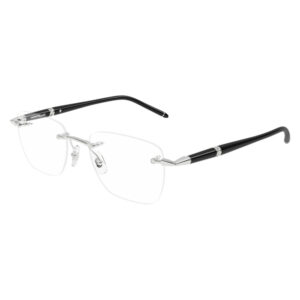 Rimless eyeglasses with black temples and silver nose bridges, Montblanc branding visible on the arms.