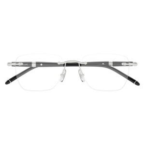 Front view of rectangular rimless eyeglasses with a slim metal bridge, clear nose pads, and dark temples.