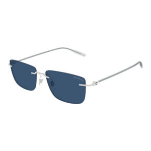 Montblanc blue-lens sunglasses with a slim metal frame and adjustable nose pads.