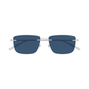 Montblanc rectangular blue sunglasses with a slim silver metal frame and dark blue lenses.