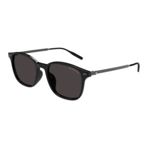 Black sunglasses with dark lenses and gray temples; brand lettering on the lens.