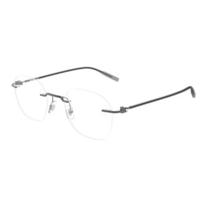 Rimless eyeglasses with thin metal frame, clear lenses, and black temples.