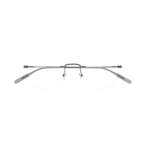 Rimless eyeglasses with a slim metal bridge and clear lenses, gray temple tips, viewed head-on against a white background.