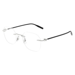 Rimless eyeglasses with a silver metal frame, clear lenses, and black temple arms.
